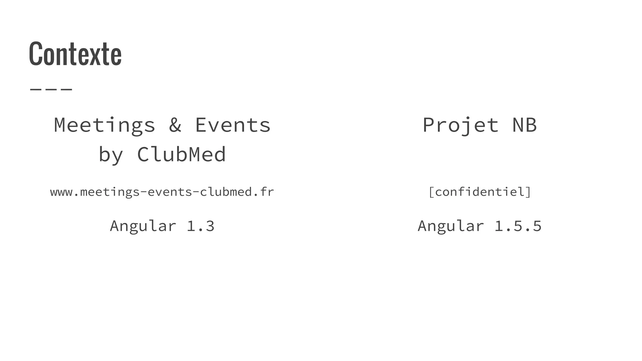Contexte
Meetings & Events
by ClubMed
www.meetings-events-clubmed.fr
Angular 1.3
Projet NB
[confidentiel]
Angular 1.5.5
 
