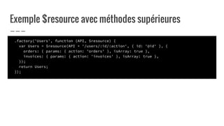 Exemple $resource avec méthodes supérieures
.factory('Users', function (API, $resource) {
var Users = $resource(API + '/users/:id/:action', { id: '@id' }, {
orders: { params: { action: 'orders' }, isArray: true },
invoices: { params: { action: 'invoices' }, isArray: true },
});
return Users;
});
 