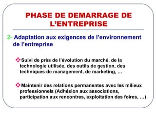 PHASE DE DEMARRAGE DE L’ENTREPRISE 2-   Adaptation aux exigences de l’environnement de l’entreprise Suivi de près de l’évolution du marché, de la technologie utilisée, des outils de gestion, des techniques de management, de marketing, … Maintenir des relations permanentes avec les milieux professionnels (Adhésion aux associations, participation aux rencontres, exploitation des foires, …) 