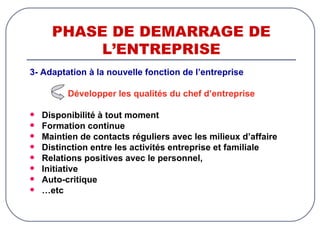 PHASE DE DEMARRAGE DE L’ENTREPRISE 3- Adaptation à la nouvelle fonction de l’entreprise Développer les qualités du chef d’entreprise Disponibilité à tout moment Formation continue Maintien de contacts réguliers avec les milieux d’affaire Distinction entre les activités entreprise et familiale Relations positives avec le personnel,  Initiative Auto-critique … etc 