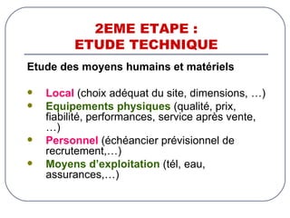 2EME ETAPE : ETUDE TECHNIQUE Etude des moyens humains et matériels Local  (choix adéquat du site, dimensions, …) Equipements physiques  (qualité, prix, fiabilité, performances, service après vente,…) Personnel  (échéancier prévisionnel de recrutement,…) Moyens d’exploitation  (tél, eau, assurances,…) 