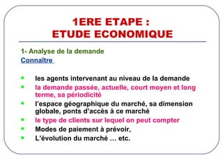 1ERE ETAPE :  ETUDE ECONOMIQUE 1- Analyse de la demande Connaître  les agents intervenant au niveau de la demande la demande passée, actuelle, court moyen et long terme, sa périodicité l’espace géographique du marché, sa dimension globale, ponts d’accès à ce marché le type de clients sur lequel on peut compter Modes de paiement à prévoir,  L’évolution du marché … etc. 