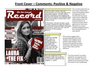 Front Cover – Comments: Positive & Negative
                                               This comment praises the use
                                               of my colour scheme that I
                                               have used throughout which I
                                               am happy with as that
                                               illustrates that my chosen
                                               colour scheme reflects the
                                               indie/rock genre well. The
                                               second comment is to
                                               improve my button which I
                                               agree with as I think some
                                               alterations to it such as
                                               possibly changing the text as
                                               this could improve front
                                               cover overall.


                              This comment suggests that I
                              should change the colour of the
                              ‘Kasabian’ and ‘Coldplay’ text to
                              another colour however, I think
                              this colour fits well with my colour
                              scheme but I will tweak the colour
                              to see if does make a positive
                              difference.




                                       From this comment I may add a
                                       website for my magazine on the
                                       front cover, however I do have a
                                       website on the convents and I think
                                       this may be a more suitable place.
 