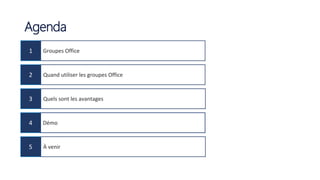 1 Groupes Office
2 Quand utiliser les groupes Office
3 Quels sont les avantages
4 Démo
5 À venir
Agenda
 