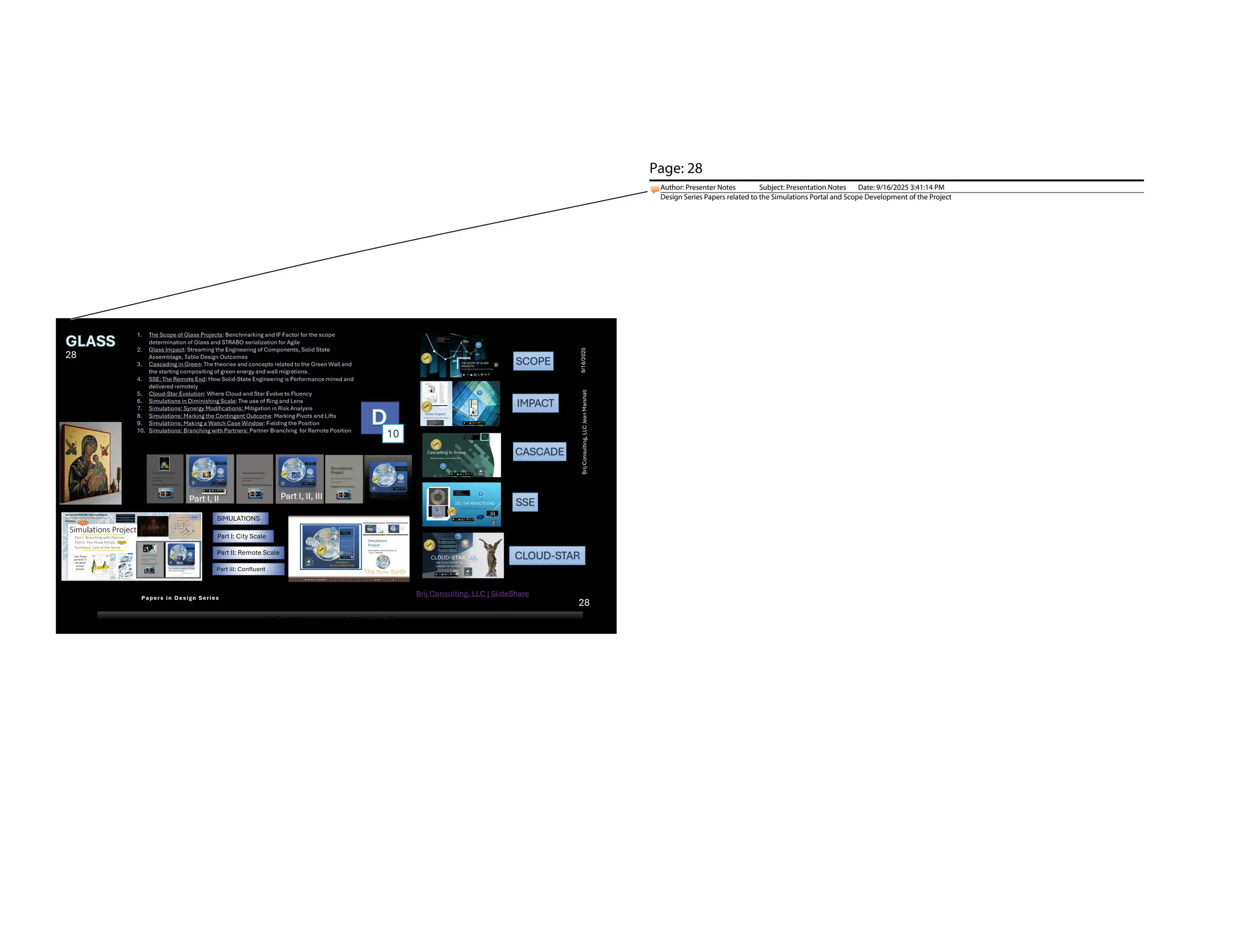 9/6/2025 Brij Consulting, LLC Jean Marshall 28
28
10
28
9/16/2025
Brij
Consulting,
LLC
Jean
Marshall
Brij Consulting, LLC Jean Marshall 28
Page: 28
Author: Presenter Notes Subject: Presentation Notes Date: 9/16/2025 3:41:14 PM
Design Series Papers related to the Simulations Portal and Scope Development of the Project
 