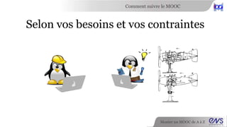 Comment suivre le MOOC 
Selon vos besoins et vos contraintes 
Monter un MOOC de A à Z 
 