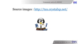 Comment suivre le MOOC 
Source images : http://tux.crystalxp.net/ 
Monter un MOOC de A à Z 
