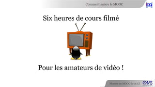 Comment suivre le MOOC 
Six heures de cours filmé 
Pour les amateurs de vidéo ! 
Monter un MOOC de A à Z 
 