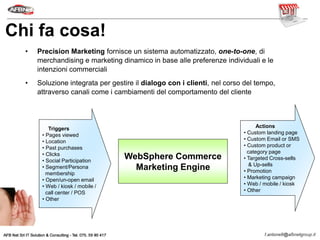• Precision Marketing fornisce un sistema automatizzato, one-to-one, di
merchandising e marketing dinamico in base alle preferenze individuali e le
intenzioni commerciali
• Soluzione integrata per gestire il dialogo con i clienti, nel corso del tempo,
attraverso canali come i cambiamenti del comportamento del cliente
Triggers
• Pages viewed
• Location
• Past purchases
• Clicks
• Social Participation
• Segment/Persona
membership
• Open/un-open email
• Web / kiosk / mobile /
call center / POS
• Other
Triggers
• Pages viewed
• Location
• Past purchases
• Clicks
• Social Participation
• Segment/Persona
membership
• Open/un-open email
• Web / kiosk / mobile /
call center / POS
• Other
WebSphere Commerce
Marketing Engine
WebSphere Commerce
Marketing Engine
Actions
• Custom landing page
• Custom Email or SMS
• Custom product or
category page
• Targeted Cross-sells
& Up-sells
• Promotion
• Marketing campaign
• Web / mobile / kiosk
• Other
Actions
• Custom landing page
• Custom Email or SMS
• Custom product or
category page
• Targeted Cross-sells
& Up-sells
• Promotion
• Marketing campaign
• Web / mobile / kiosk
• Other
Chi fa cosa!
 