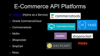 E-Commerce API Platforms
• YaaS.io (Hybris as a Service)
• Oracle CommerceCloud
• Commercetools
• Moltin
• Shoprocket
• SnipCart
• Mozu
 