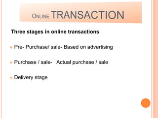 Three stages in online transactions
Pre- Purchase/ sale- Based on advertising
Purchase / sale- Actual purchase / sale
Delivery stage