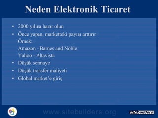 Neden Elektronik Ticaret 2000 yılına hazır olun Önce yapan, marketteki payını arttırır Örnek: Amazon - Barnes and Noble Yahoo - Altavista Düşük sermaye Düşük transfer maliyeti Global market’e giriş 