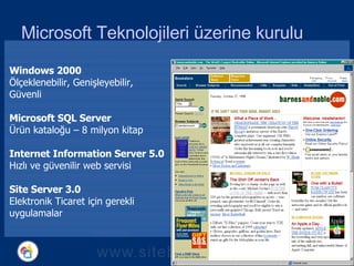Windows 2000 Ölçeklenebilir,   Genişleyebilir, Güvenli Microsoft SQL Server  Ürün kataloğu  – 8 mil yon kitap Internet Information Server  5 .0  Hızlı ve güvenilir web servisi Site Server 3.0  Elektronik Ticaret için gerekli uygulamalar Microsoft Teknolojileri üzerine kurulu 