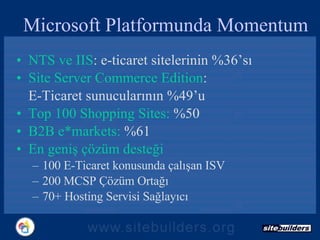 Microsoft Platformunda  Momentum NT S ve  IIS :  e-ticaret sitelerinin % 36 ’sı Site Server Commerce Edition :  E-Ticaret sunucularının % 49 ’u  Top 100 Shopping Sites:  %50 B2B e*markets:  %61 En geniş   çözüm desteği 100 E- Ticaret konusunda çalışan  ISV  200 MCSP  Çözüm Ortağı 70+ Hosting Servi si Sağlayıcı 
