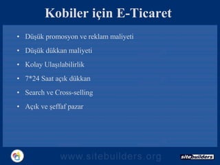 Kobiler için E-Ticaret Düşük promosyon ve reklam maliyeti Düşük dükkan maliyeti Kolay Ulaşılabilirlik 7*24 Saat açık dükkan Search ve Cross-selling Açık ve şeffaf pazar 