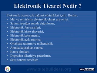Elektronik Ticaret Nedir ? Elektronik ticaret çok dağınık etkinlikleri içerir. Bunlar; Mal ve servislerin elektronik olarak alışverişi, Sayısal içeriğin anında dağıtılması, Elektronik fon transferi, Elektronik hisse alışverişi, Elektronik konşimento, Elektronik açık arttırma, Ortaklaşa tasarım ve mühendislik, Anında kaynaktan sunma, Kamu alımları, Doğrudan tüketiciye pazarlama, Satış sonrası servisler 