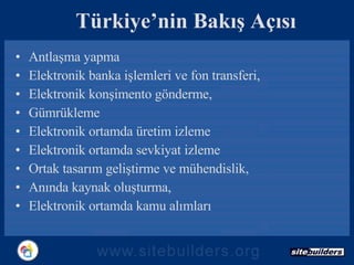 Antlaşma yapma Elektronik banka işlemleri ve fon transferi, Elektronik konşimento gönderme,  Gümrükleme Elektronik ortamda üretim izleme Elektronik ortamda sevkiyat izleme  Ortak tasarım geliştirme ve mühendislik,  Anında kaynak oluşturma,  Elektronik ortamda kamu alımları Türkiye’nin Bakış Açısı 