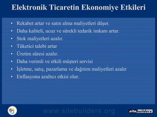 Elektronik Ticaretin Ekonomiye Etkileri Rekabet artar ve satın alma maliyetleri düşer. Daha kaliteli, ucuz ve sürekli tedarik imkanı artar. Stok maliyetleri azalır. Tüketici talebi artar Üretim süresi azalır. Daha verimli ve etkili müşteri servisi İşletme, satış, pazarlama ve dağıtım maliyetleri azalır Enflasyonu azaltıcı etkisi olur. 