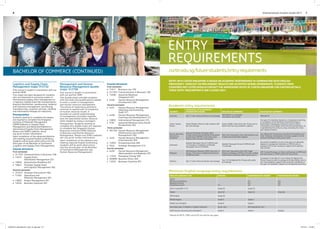 6                                                                                                                                                                                                                                                                    Undergraduate Student Guide 2011                        7




     TITLE
                                                                                                                                                    ENTRY
                                                                                                                                                    REQUIREMENTS
     BACHELOR OF COMMERCE (CONTINUED)                                                                                                                                                    curtin.edu.sg
                                                                                                                                                    curtin.edu.sg/future-students/entry-requirements
                                                                                                                                                    ENTRY INTO CURTIN SINGAPORE IS BASED ON ACADEMIC PERFORMANCE IN COMBINATION WITH ENGLISH
     Logistics and Supply Chain                        Management and Human                        Course structure                                 PROFICIENCY. FORECAST OR PRELIMINARY RESULTS ARE ACCEPTED WHERE APPROPRIATE. STUDENTS FROM
     Management major 312732                           Resource Management double                  First semester                                   COUNTRIES NOT LISTED SHOULD CONTACT THE ADMISSIONS OFFICE AT CURTIN SINGAPORE FOR FURTHER DETAILS.
     This course is taught in association with our     major 312706                                •	 11011	 Business	Law	100                       THESE ENTRY REQUIREMENTS ARE A GUIDE ONLY.
     partner SIMM.                                     This course is taught in association        •	 311353	 	 ommunication	in	Business	100
                                                                                                              C
     This major has been designed for students         with our partner SHRI.                      •	 13590	 	ndustrial	Relations	
                                                                                                              I
     who are interested in pursuing careers in         This double major provides students                    (Singapore) 201
     international supply chain management or          with the skills and qualifications needed   •	 4436	   H
                                                                                                              	 uman	Resource	Management	
     in logistics related areas like transportation,   to enter a career in management                        (Introduction) 200
     physical distribution, warehousing, material      and human resource management.
     and inventory management, purchasing,             The nature of supervisory positions
                                                                                                   Second semester                                  Academic entry requirements
                                                                                                   •	 4437	   H
                                                                                                              	 uman	Resource	Management	
     manufacturing, customer services, retailing       continue	to	expand	with	an	emphasis	                   (Selecting and Promoting                                   CERTIFICATE IV IN UNIVERSITY
     and information linkages for industries.          on human resource issues. It                           Staff) 311                            COUNTRY              FOUNDATION STUDIES                            DIPLOMA OF COMMERCE                              BACHELOR OF COMMERCE
     Prerequisites                                     provides an overall understanding
                                                                                                   •	 4438	   H
                                                                                                              	 uman	Resource	Management	           Australia            Year	11	with	minimum	60	per	cent	average
                                                                                                                                                                                                                       TER/UAI	60	or	acceptable	
                                                                                                                                                                                                                                                                        TER/UAI	70
                                                       of management principles together                                                                                                                               Foundation Year grades
     Students wishing to complete this degree                                                                 (Learning and Development) 212
                                                       with the specialised human resource
     are required to complete the Singapore                                                        •	 10835	 	nternational	Management	375
                                                                                                              I                                                                                                                                                         One year of a bachelor degree at a recognised university,
                                                       skills needed by today’s managers.
     Institute of Materials Management                                                             •	 9797	   I
                                                                                                              	ndustrial	Relations	(Asia-Pacific	                                                                                                                       or completion of the National University Entrance
     (SIMM) Diploma in Supply Chain                    Prerequisites: Students wishing to                                                           China, Taiwan,       Senior	Middle	2	(Gao	Er)	with	minimum	60	     Senior	Middle	3	(Gao	San)	with	70	per	cent	or	   Examination	(necessary	minimum	score	is	436)	or	
                                                       complete this double major are required                Perspectives) 302                     Macau                per cent average                              better from four key academic subjects           Universities	and	Colleges	Joint	Entrance	Examination,	at	
     Management and Advanced Diploma in
                                                       to complete the Singapore Human             Third semester                                                                                                                                                       a specified level for entry to a key university for a four-
     International Supply Chain Management.                                                                                                                                                                                                                             year degree program.
     Please visit SIMM’s website: simm.                Resources Institute (SHRI) Diploma          •	 307183	 	 uman	Resource	Management	
                                                                                                              H
     org.sg for further information.                   in Business and Human Resource                         (Performance and Conflict             Brunei, Mauritius,
                                                                                                                                                                         General Certificate of English (GCE)
                                                                                                                                                                                                                                                                        Two ‘Advanced’ level passes (minimum five points) and
                                                       Management. Please visit SHRI’s website:               Management) 302                       Hong Kong,
                                                                                                                                                                         O-level, Hong Kong Certificate of Education   Minimum three points from two A-level or one
                                                                                                                                                                                                                                                                        three ‘Ordinary’ level passes (minimum grade C) in the
     Upon completion of the advanced diploma                                                                                                                             Examination	(HKCEE)	or	Secondary	four	        A-level and two AS-level subjects
                                                       shri.org.sg for further information.        •	 4434	   H
                                                                                                              	 uman	Resource	Management	           Singapore                                                                                                           General Certificate of Education (GCE).
     and meeting required English proficiency,                                                                                                                           Express	with	minimum	five	passes
     students will be given direct entry into the      Upon completion of the diploma and                     (International) 303
                                                       meeting required English proficiency,                                                                                                                                                                            Successful completion of one or two years of a Bachelor
     third year of the Bachelor of Commerce                                                        •	 12953	 Entrepreneurship	300                                        Sekolah Menengah Umum II (SMUII) with
                                                                                                                                                                                                                       Sekolah Menengah Umum III (SMUIII) with          degree at a recognised institution or SMU III with an
     (Logistics and Supply Chain Management).          students will be given direct entry         •	 3522	   Strategic	Management	313	             Indonesia            7.0	average	or	completion	of	Sekolah	
                                                                                                                                                                                                                       7.0	average	                                     average	of	8.0	in	four	academic	subjects	from	selected	
                                                       into the second year of the Bachelor                                                                              Menengah Umum III (SMUIII)
                                                                                                   Fourth semester                                                                                                                                                      high schools.
     Course structure                                  of Commerce (Management and
     First semester                                    Human Resource Management).                 •	 4439	   H
                                                                                                              	 uman	Resource	Management	                                Sijil	Pelajaran	Malaysia	(SPM)	minimum	5	     Minimum three points from Sijil Tinggi
                                                                                                                                                                                                                                                                        UEC	5	grade	B	passes,	or	three	credit	passes	at	SPM	level	
                                                                                                              (Remuneration and Rewards) 301        Malaysia             passes,	Form	five	or	Unified	Examination	     Pelajaran Malaysia (STPM) or A-levels, Unified
     •	 311353			Communication	in	Business	100                                                                                                                                                                                                                          and two passes in STPM (minimum five points)
                                                                                                                                                                         Certificate (UEC)                             Examination	Certificate	(UEC)	(two	B,	two	C)
                                                                                                   •	 11018	 Managing	Change	300
     •	 13474			 Supply	Chain                                                                                                                                                                                                                                           Completion of the Bang Tu tai or Bang Tot Nghiep Pho
                 Information Management 201                                                        •	 303899	 Business	Ethics	300
                                                                                                                                                                                                                       Year 12 (Tot Nghiep Pho Thong) with grade        Thong	Trung	hoc	with	an	average	of	at	least	80	per	cent	in	
                                                                                                   •	 12034	 Business	Capstone	301                  Vietnam              Year	11	with	minimum	60	per	cent	average
     •	 10856		 Quantitative	Modelling	201                                                                                                                                                                             6.0	average	                                     four core academic subjects OR successful completion of
                                                                                                                                                                                                                                                                        one year of a bachelor’s degree at a recognised university.
     •	 10847		 Strategic	Supply	Chain	
                 and Logistics Management 302
     Second semester
     •	 310741		Strategic	Procurement	302
                                                                                                                                                    Minimum English language entry requirements
     •	 11954			 Operations	and	                                                                                                                     ENGLISH LANGUAGE TEST                                       DIPLOMA                                UNDERGRADUATE DEGREE                  POSTGRADUATE DEGREE
                 Materials Management 301
                                                                                                                                                     IELTS*
     •	 13605		 Project	Management	301                                                                                                               Writing and speaking                                                                               6.0                                   6.0
     •	 12034		 Business	Capstone	301                                                                                                                Reading listening                                                                                  6.0                                   6.0
                                                                                                                                                     Overall band score                                          5.5                                    6.0                                   6.5

                                                                                                                                                     GCE	O	Level/SPM	1119                                        Grade	C6                               Grade	C6

                                                                                                                                                     TOEFL*                                                      525/197                                550/213                               570/230

                                                                                                                                                     SPM English                                                 Grade	C6

                                                                                                                                                     HKCEE English                                               Grade 3                                Grade 3

                                                                                                                                                     HKALE use of English                                        Grade D                                Grade C

                                                                                                                                                     Australian year 12 English or English Literature            50	per	cent                            Normally	60	per	cent

                                                                                                                                                     CUTE (Curtin University test of English)*                   Grade C                                Grade C                               Grade B

                                                                                                                                                    * Results for IELTS, TOEFL and CUTE are valid for two years.




CUSG0137_BachofComm_Flyer_A4_8pp.indd 6-7                                                                                                                                                                                                                                                                                  15/12/10 1:15 PM
 