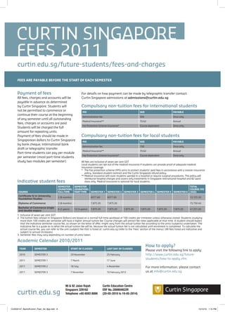 CURTIN SINGAPORE
    FEES 2011
     curtin.edu.sg/future-students/fees-and-charges

     FEES ARE PAYABLE BEFORE THE START OF EACH SEMESTER



     Payment of fees                                              For details on how payment can be made by telegraphic transfer contact
     All fees, charges and accounts will be                       Curtin Singapore admissions at admissions@curtin.edu.sg
     payable in advance as determined
     by Curtin Singapore. Students will                           Compulsory non-tuition fees for international students
     not be permitted to commence or                              FEE                                                  SG$                            PAYABLE
     continue their course at the beginning
                                                                  Administration fee                                   500                            Once only
     of any semester until all outstanding
                                                                  Medical Insurance**                                  70.62                          Annual
     fees, charges or accounts are paid.
                                                                  Fee Protection Scheme insurance*                     Course dependent               Once only
     Students will be charged the full
     amount for repeating units.
     Payment of fees should be made in                            Compulsory non-tuition fees for local students
     Singaporean dollars to Curtin Singapore                      FEE                                                  SG$                            PAYABLE
     by bank cheque, international bank
                                                                  Administration fee                                   150                            Once only
     draft or telegraphic transfer.
                                                                  Medical Insurance**                                  70.62                          Annual
     Part-time students can pay per module
                                                                  Fee Protection Scheme insurance*                     Course dependent               Once only
     per semester (most part-time students
     study two modules per semester).                             All fees are inclusive of seven per cent GST
                                                                  Local students can opt out of the medical insurance if students can provide proof of adequate medical
                                                                  insurance coverage.
                                                                  * The Fee protection scheme (FPS) aims to protect students’ paid fees in accordance with a master insurance
                                                                     policy, standard student contract and the Curtin Singapore refund policy.
                                                                  ** Medical insurance will cover students warded in a hospital or require surgical procedures. The policy will
                                                                     reimburse hospital charges and covers only treatments in Singapore restructured hospital and B2 ward
     Indicative student fees                                         class only. Medical insurance is optional for local students.

                                          SEMESTER         SEMESTER                                                                         TOTAL
                                          (DURATION)       (DURATION)                                                                       COURSE FEE
      COURSE                              FULL-TIME        PART-TIME      SEMESTER 1 SEMESTER 2 SEMESTER 3 SEMESTER 4 SEMESTER 5 SEMESTER 6 (SG$)
      Certificate IV in University
                                          2	(8	months)     -              6077.60         6077.60                                                                     12,155.20
      Foundation Studies
      Diploma of Commerce                 2	(8	months)     -              7,875.20        7,875.20                                                                    15,750.40
      Bachelor of Commerce single
                                          6	(2	years)      12	(4	years)   7,875.20        7,875.20      7,875.20       7,875.20        7,875.20       7,875.20        47,251.20
      and double majors
     1. Inclusive of seven per cent GST.
     2. The tuition fees (shown in Singapore Dollars) are based on a normal full-time workload of 100 credits per trimester unless otherwise stated. Students studying
        more	than	100	credits	per	semester	will	have	a	higher	annual	tuition	fee.	Course	changes	will	attract	fee	rates	applicable	at	that	time.	A	student	should	expect	
        that the indicative semester course fee, as shown on the letter of offer, might vary from the actual tuition fee according to the units (subjects) undertaken. The
        indicative fee is a guide as to what the actual tuition fee will be, because the actual tuition fee is not calculated until enrolment is completed. To calculate the
        actual course fee, you can refer to the unit (subject) fee that is listed at: curtin.edu.sg (refer to the ‘Fees’ section of the menu). (All fees listed are indicative and
        subject to annual increases).
     3. Semester fees may vary depending on number of units taken.

     Academic Calendar 2010/2011
                                                                                                                             How to apply?
       YEAR         SEMESTER                            START OF CLASSES                  LAST DAY OF CLASSES
                                                                                                                             Please visit the following link to apply:
       2010         SEMESTER 3                          29	November                       25	February                        http://www.curtin.edu.sg/future-
       2011         SEMESTER 1                          7	March                           17	June
                                                                                                                             students/how-to-apply.cfm

       2011         SEMESTER 2                          18	July                           4	November                         For more information, please contact
       2011         SEMESTER 3                          7	November                        10 February 2012                   us at info@curtin.edu.sg



                                                 90 & 92 Jalan Rajah                   Curtin Education Centre

     curtin.edu.sg
                                                 Singapore 329162                      ERF No.:200804822R
                                                 Telephone +65 6593 8000               (20-05-2010 to 19-05-2014)



CUSG0137_BachofComm_Flyer_A4_8pp.indd 8                                                                                                                                       15/12/10 1:15 PM
 
