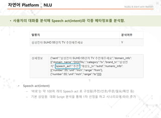 자연어 Platform _ NLU
• Speech act(intent)
– ‘바로’는 약 100여 개의 Speech act 로 구성됨(추천/선호/주문/필요/확인 등)
– 기본 상담원 대화 Script 분석을 통해 1차 선정을 하고 시나리오에 따라 추가
 