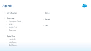 Agenda
• Introduction
• Overview
• Commerce Cloud
• MVC
• Mobile First
• Examples
• Deep Dive
• Hands-On
• Use Cases
• Certification
• Demos
• Recap
• Q&A
 