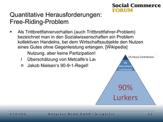 Quantitative Herausforderungen: Free-Riding-Problem Als Trittbrettfahrerverhalten (auch Trittbrettfahrer-Problem) bezeichnet man in den Sozialwissenschaften ein Problem kollektiven Handelns, bei dem Wirtschaftssubjekte den Nutzen eines Gutes ohne Gegenleistung erlangen. [Wikipedia] Nutzung, aber keine Partizipation!  Überschätzung von Metcalfe‘s Law Jakob Nielsen‘s 90-9-1-Regel! 