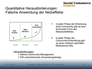 Quantitative Herausforderungen: Falsche Anwendung der Netzeffekte In jeder Phase der Entwiclung einer Community gibt es eine dominante Form des Netzwerkeffektes In jeder Phase der Community-Entwicklung gibt es einen anderen optimalen Maßnahmen-Mix Herausforderungen: Aktives Community-Management CM-unterstützendes Anwendungsdesign 