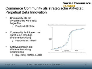 Commerce Community als strategische Aktvitität: Perpetual Beta Innovation Community als ein dynamisches Konstrukt begreifen Feedback-Schleife Community funktioniert nur durch eine ständige Weiterentwicklung Featuritis als Treiber Katalysatoren in die Weiterentwicklung einbeziehen Bsp.: Chip XONIO, LEGO 