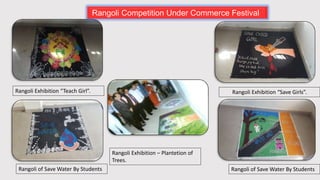 Rangoli Competition Under Commerce Festival
Rangoli Exhibition “Save Girls”.Rangoli Exhibition “Teach Girl”.
Rangoli of Save Water By Students
Rangoli Exhibition – Plantetion of
Trees.
Rangoli of Save Water By Students
 