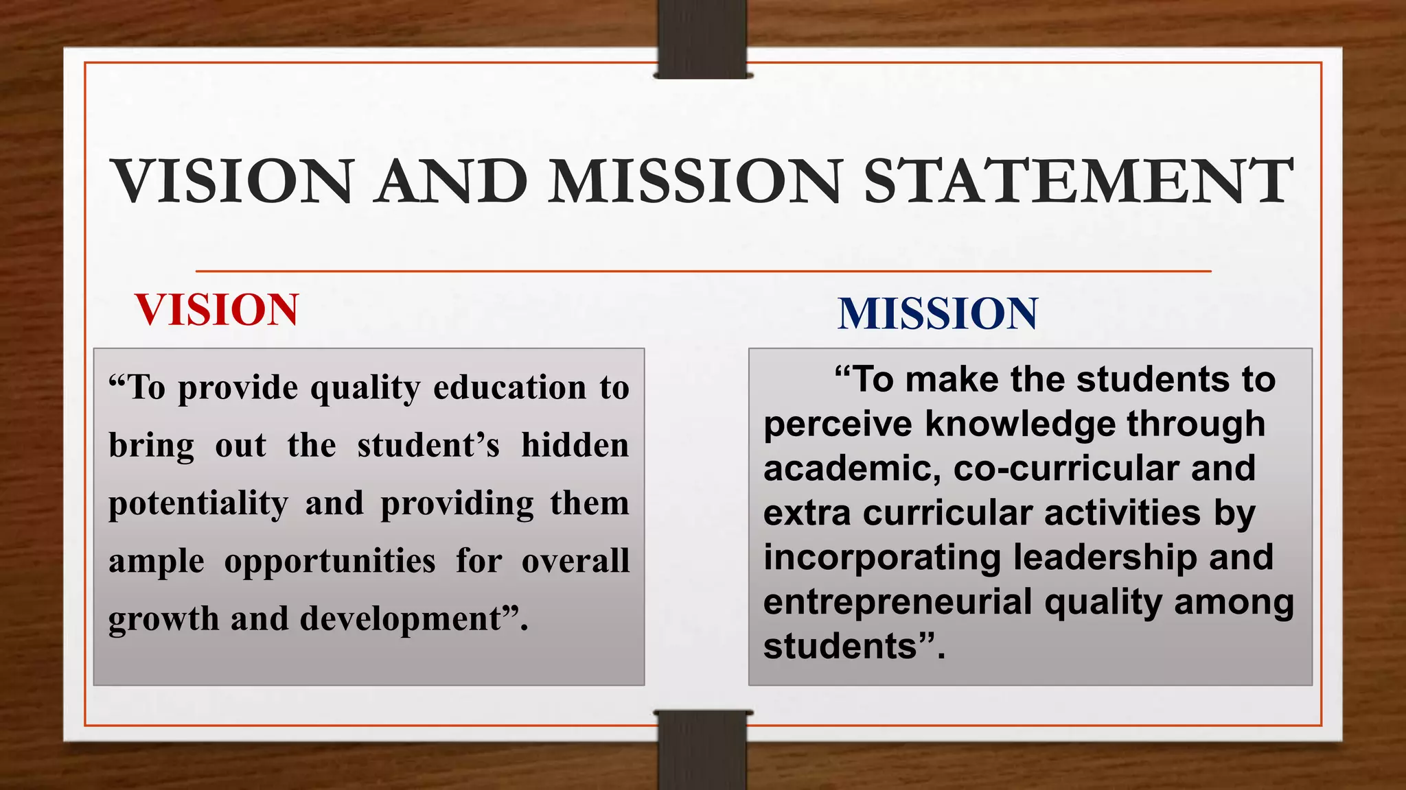 VISION AND MISSION STATEMENT
VISION
“To provide quality education to
bring out the student’s hidden
potentiality and providing them
ample opportunities for overall
growth and development”.
MISSION
“To make the students to
perceive knowledge through
academic, co-curricular and
extra curricular activities by
incorporating leadership and
entrepreneurial quality among
students”.
 