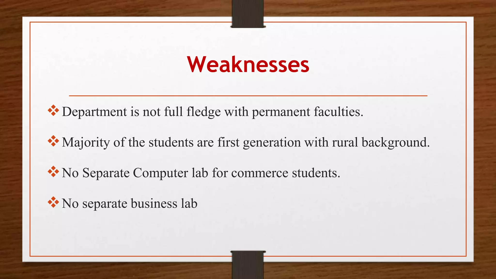Weaknesses
Department is not full fledge with permanent faculties.
Majority of the students are first generation with rural background.
No Separate Computer lab for commerce students.
No separate business lab
 