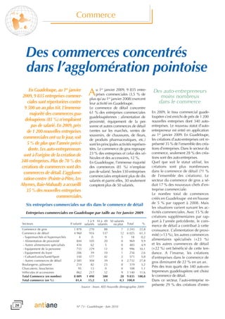 Commerce



       Des commerces concentrés
       dans l’agglomération pointoise
          En Guadeloupe, au 1er janvier
      2009, 9 835 entreprises commer-        A    u 1er janvier 2009, 9 835 entre-
                                                  prises commerciales (3,5 % de
                                              plus qu’au 1er janvier 2008) exercent
                                                                                          Des auto-entrepreneurs
                                                                                             moins nombreux
         ciales sont répertoriées contre      leur activité en Guadeloupe.                  dans le commerce
       9 500 un an plus tôt. L’immense        Le commerce de détail concentre
           majorité des commerces gua-        61 % des entreprises commerciales          En 2009, le tissu commercial guade-
                                              guadeloupéennes : alimentation de          loupéen s’est enrichi de près de 1 200
        deloupéens (81 %) n’emploient         proximité, équipement de la per-           nouvelles entreprises dont 340 auto-
            pas de salarié. En 2009, près     sonne et autres commerces de détail        entreprises. Le nouveau statut d’auto-
         de 1 200 nouvelles entreprises       (ventes sur les marchés, ventes de         entrepreneur est entré en application
                                              souvenirs, de chaussures, de fleurs,       au 1er janvier 2009. En Guadeloupe,
       commerciales ont vu le jour, soit      de produits pharmaceutiques, etc.)         les créations d’auto-entreprises ont re-
         5 % de plus que l’année précé-       sont les principales activités représen-   présenté 35 % de l’ensemble des créa-
          dente. Les auto-entrepreneurs       tées. Le commerce de gros regroupe         tions d’entreprises. Dans le secteur du
                                              23 % des entreprises et celui des vé-      commerce, seulement 28 % des créa-
       sont à l’origine de la création de                                                tions sont des auto-entreprises.
                                              hicules et des accessoires, 12 %.
     340 entreprises. Plus de 70 % des        En Guadeloupe, l’immense majorité          Quel que soit le statut utilisé, les
      créations de commerces sont des         des commerces (81 %) n’emploie             créations sont plus nombreuses
       commerces de détail. L’agglomé-        pas de salarié. Seules 330 entreprises     dans le commerce de détail (71 %
                                              commerciales emploient plus de dix         de l’ensemble des créations). Le
       ration centre (Pointe-à-Pitre, Les     salariés et parmi elles, 30 seulement      secteur du commerce de gros a sé-
     Abymes, Baie-Mahault) a accueilli        comptent plus de 50 salariés.              duit 17 % des nouveaux chefs d’en-
         35 % des nouvelles entreprises                                                  treprise commerciale.
                                                                                         Le nombre total de commerces
                            commerciales.                                                créés en Guadeloupe est en hausse
        Six entreprises commerciales sur dix dans le commerce de détail                  de 5 % par rapport à 2008. Mais
                                                                                         les situations varient suivant les ac-
        Entreprises commerciales en Guadeloupe par taille au 1er Janvier 2009            tivités commerciales. Avec 15 % de
                                                                                         créations supplémentaires par rap-
                                                                                         port à l’année précédente, le com-
                                                                                         merce de détail a contribué à cette
                                                                                         croissance. L’alimentation de proxi-
                                                                                         mité (+13 %), les autres commerces
                                                                                         alimentaires spécialisés (+23 %)
                                                                                         et les autres commerces de détail
                                                                                         (+22 %) ont bénéficié de cette ten-
                                                                                         dance. A l’inverse, les créations
                                                                                         d’entreprises dans le commerce de
                                                                                         gros diminuent de 22 % en un an.
                                                                                         Près des trois quarts des 340 auto-en-
                                                                                         trepreneurs guadeloupéens ont choisi
                                                                                         le commerce de détail.
                                                                                         Dans ce secteur, l’auto-entreprise re-
                                        Source : Insee, REE-Nouvelle démographie 2009
                                                                                         présente 29 % des créations d’entre-




0                                   N° 73 - Guadeloupe - Juin 2010
 