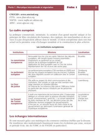 Fiche 1 5Partie 1 : Mercatique internationale et négociation
CNUCED : www.unctad.org
FTTA : www.ftaa-alca.org
NAFTA : www.nafta-sec-alena.org
APEC : www.apecsec.org
Le cadre européen
La politique commerciale, monétaire, la création d’un grand marché unique et les
principes de libre circulation des hommes, des capitaux, des marchandises et des ser-
vices n’a pas d’équivalent ailleurs dans le monde. L’Union européenne dans son état
actuel est la première zone d’échanges mondiale et la construction la plus achevée.
Les échanges internationaux
Ils sont mesurés grâce aux statistiques du commerce extérieur établies par la douane.
De nombreux sites institutionnels fournissent toutes les évolutions par zone, secteur
et période (voir. site de l’OMC et de l’OCDE en particulier).
Les institutions européennes
Institutions Missions Localisation
La commission
européenne
Renouvelée tous les cinq ans après l’élection des députés
européens, elle remplit quatre missions essentielles :
Propositions au parlement et au conseil.
Gestion de la politique budgétaire de l’UE.
Application du droit européen avec la Cour de Justice.
Représentation de l’UE vis-à-vis des autres pays.
Bruxelles
Le parlement
européen
Les parlementaires européens (736 membres en 2009) sont
élus par les citoyens européens tous les cinq ans. Il adopte
des actes législatifs souvent en codécision avec le Conseil
européen.
Strasbourg
Bruxelles
Luxembourg
La Cour
de justice
Elle veille au respect du droit communautaire et des
institutions. Elle compte un juge par état membre mais
siège rarement en chambre plénière.
Un tribunal de 1re instance a été créé en 1989 pour traiter
en particulier des recours introduits par les personnes
physiques.
Luxembourg
Le Conseil
de l’union
européenne
Il revêt une importance de tout premier plan. Chaque pays
délègue un ministre selon la question discutée (transport,
travail, environnement, santé etc. ). Le conseil représente
les états membres de l’UE. Les décisions prises lors des
différentes réunions engagent les gouvernements.
4 fois par an, un sommet réunit les chefs d’état et de
gouvernement qui déﬁnissent l’orientation générale de
la politique européenne.
La présidence
du Conseil
change tous
les 6 mois
 