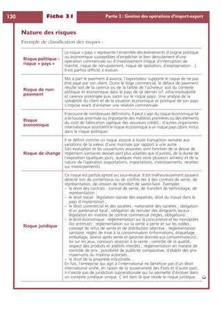 Fiche 31 Partie 2 : Gestion des opérations d’import-export130
Nature des risques
Exemple de classiﬁcation des risques :
Risque politique –
risque « pays »
Le risque « pays » représente l’ensemble des évènements d’origine politique
ou économique susceptibles d’empêcher le bon déroulement d’une
opération commerciale ou d’investissement (risque d’interruption de
marché, risque de non-paiement, risque de spoliation, d’expropriation…).
Il est parfois difﬁcile à évaluer.
Risque de non-
paiement
Mis à part le paiement d’avance, l’exportateur supporte le risque de ne pas
être payé par son client. Outre le litige commercial, le défaut de paiement
résulte soit de la carence ou de la faillite de l’acheteur, soit du contexte
politique et économique dans le pays de ce dernier (cf. infra-insolvabilité
et carence prolongée puis zoom sur le risque pays). Une analyse de la
solvabilité du client et de la situation économique et politique de son pays
s’impose avant d’entamer une relation commerciale.
Risque
économique
Il recouvre de nombreuses déﬁnitions. Il peut s’agir du risque économique lié
à la hausse anormale ou importante des matières premières ou des éléments
du coût de fabrication (optique des assureurs crédit) ; d’autres organismes
internationaux assimilent le risque économique à un risque pays (donc inclus
dans le risque politique).
Risque de change
Il se déﬁnit comme un risque associé à toute transaction sensible aux
variations de la valeur d’une monnaie par rapport à une autre.
Son évaluation et les couvertures associées sont fonction de la devise de
règlement (certaines devises sont plus volatiles que d’autres), de la durée de
l’exposition (quelques jours, quelques mois voire plusieurs années) et de la
nature de l’opération (exportations, importations, investissements, recettes
sur investissements).
Risque juridique
Ce risque est parfois ignoré ou sous-évalué. Il est malheureusement souvent
détecté lors de contentieux ou de conﬂits liés à des contrats de vente, de
représentation, de cession de transfert de savoir-faire. Exemples :
– le droit des contrats : contrat de vente, de transfert de technologie, de
représentation ;
– le droit social : législation sociale des expatriés, droit du travail dans le
pays d’implantation ;
– le droit commercial et des sociétés : nationalité des sociétés ; obligation
d’un partenariat local ; obligation de recruter des dirigeants locaux ;
législation en matière de contrat commercial (règles, obligations) ;
– le droit économique : réglementation sur la concurrence et les monopoles
(loi antitrust) ; réglementation sur la vente à perte et sur les soldes ;
concept de refus de vente et de distribution sélective ; réglementation
sanitaire, règles de mise à la consommation (informations, étiquetage,
emballage, service après vente et garantie donnée aux consommateurs) ;
loi sur les jeux, concours associés à la vente ; contrôle de la qualité,
respect des produits et additifs interdits ; réglementation en matière de
contrôle de prix ; possibilité de publicité comparative, d’établir des prix
maximums ou maxima autorisés…
– le droit de la propriété industrielle…
En fait, l’entreprise qui agit à l’international ne bénéﬁcie pas d’un droit
international uniﬁé, en raison de la souveraineté des États et d’autre part,
il n’existe pas de juridiction supranationale qui lui permette d’évoluer dans
un contexte juridique unique. C’est bien là que réside le risque juridique. ➭
 