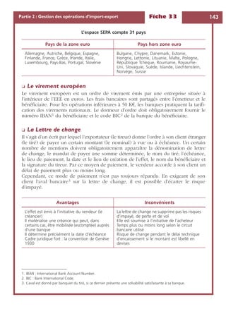 Fiche 33 143Partie 2 : Gestion des opérations d’import-export
❏ Le virement européen
Le virement européen est un ordre de virement émis par une entreprise située à
l’intérieur de l’EEE en euros. Les frais bancaires sont partagés entre l’émetteur et le
bénéﬁciaire. Pour les opérations inférieures à 50 K€, les banques pratiquent la tariﬁ-
cation des virements nationaux. Le donneur d’ordre doit obligatoirement fournir le
numéro IBAN1 du bénéﬁciaire et le code BIC2 de la banque du bénéﬁciaire.
❏ La Lettre de change
Il s’agit d’un écrit par lequel l’exportateur (le tireur) donne l’ordre à son client étranger
(le tiré) de payer un certain montant (le nominal) à vue ou à échéance. Un certain
nombre de mentions doivent obligatoirement apparaître la dénomination de lettre
de change, le mandat de payer une somme déterminée, le nom du tiré, l’échéance,
le lieu de paiement, la date et le lieu de création de l’effet, le nom du bénéﬁciaire et
la signature du tireur. Par ce moyen de paiement, le vendeur accorde à son client un
délai de paiement plus ou moins long.
Cependant, ce mode de paiement n’est pas toujours répandu. En exigeant de son
client l’aval bancaire3 sur la lettre de change, il est possible d’écarter le risque
d’impayé.
L’espace SEPA compte 31 pays
Pays de la zone euro Pays hors zone euro
Allemagne, Autriche, Belgique, Espagne,
Finlande, France, Grèce, Irlande, Italie,
Luxembourg, Pays-Bas, Portugal, Slovénie
Bulgarie, Chypre, Danemark, Estonie,
Hongrie, Lettonie, Lituanie, Malte, Pologne,
République Tchèque, Roumanie, Royaume-
Uni, Slovaquie, Suède, Islande, Liechtenstein,
Norvège, Suisse
1. IBAN : International Bank Account Number.
2. BIC : Bank International Code.
3. L’aval est donné par banquier du tiré, si ce dernier présente une solvabilité satisfaisante à sa banque.
Avantages Inconvénients
L’effet est émis à l’initiative du vendeur (le
créancier)
Il matérialise une créance qui peut, dans
certains cas, être mobilisée (escomptée) auprès
d’une banque
Il détermine précisément la date d’échéance
Cadre juridique fort : la convention de Genève
1930
La lettre de change ne supprime pas les risques
d’impayé, de perte et de vol
Elle est soumise à l’initiative de l’acheteur
Temps plus ou moins long selon le circuit
bancaire utilisé
Risque de change pendant le délai technique
d’encaissement si le montant est libellé en
devises
 