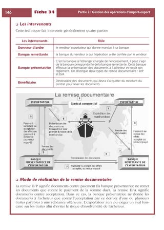 Fiche 34 Partie 2 : Gestion des opérations d’import-export146
❏ Les intervenants
Cette technique fait intervenir généralement quatre parties
❏ Mode de réalisation de la remise documentaire
La remise D/P signiﬁe documents contre paiement (la banque présentatrice ne remet
les documents que contre le paiement de la somme due). La remise D/A signiﬁe
documents contre acceptation. Dans ce cas, la banque présentatrice ne donne les
documents à l’acheteur que contre l’acceptation par ce dernier d’une ou plusieurs
traites payables à une échéance ultérieure. L’exportateur aura pu exiger un aval ban-
caire sur les traites aﬁn d’éviter le risque d’insolvabilité de l’acheteur.
Les intervenants Rôle
Donneur d’ordre le vendeur exportateur qui donne mandat à sa banque
Banque remettante la banque du vendeur à qui l’opération a été conﬁée par le vendeur
Banque présentatrice
C’est la banque à l’étranger chargée de l’encaissement, il peut s’agir
de la banque correspondante de la banque remettante. Cette banque
effectue la présentation des documents à l’acheteur et reçoit son
règlement. On distingue deux types de remise documentaire : D/P
et D/A
Bénéﬁciaire
Destinataire des documents qui devra s’acquitter du montant du
contrat pour lever les documents
 