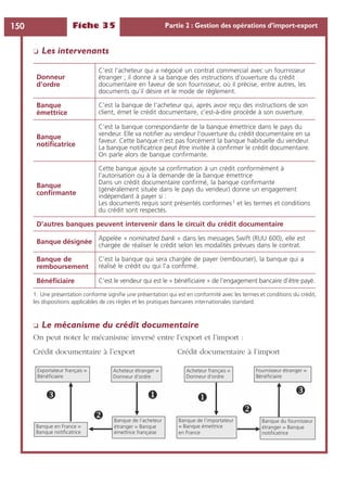 Fiche 35 Partie 2 : Gestion des opérations d’import-export150
❏ Les intervenants
❏ Le mécanisme du crédit documentaire
On peut noter le mécanisme inversé entre l’export et l’import :
Donneur
d’ordre
C’est l’acheteur qui a négocié un contrat commercial avec un fournisseur
étranger ; il donne à sa banque des instructions d’ouverture du crédit
documentaire en faveur de son fournisseur, où il précise, entre autres, les
documents qu’il désire et le mode de règlement.
Banque
émettrice
C’est la banque de l’acheteur qui, après avoir reçu des instructions de son
client, émet le crédit documentaire, c’est-à-dire procède à son ouverture.
Banque
notiﬁcatrice
C’est la banque correspondante de la banque émettrice dans le pays du
vendeur. Elle va notiﬁer au vendeur l’ouverture du crédit documentaire en sa
faveur. Cette banque n’est pas forcément la banque habituelle du vendeur.
La banque notiﬁcatrice peut être invitée à conﬁrmer le crédit documentaire.
On parle alors de banque conﬁrmante.
Banque
conﬁrmante
Cette banque ajoute sa conﬁrmation à un crédit conformément à
l’autorisation ou à la demande de la banque émettrice
Dans un crédit documentaire conﬁrmé, la banque conﬁrmante
(généralement située dans le pays du vendeur) donne un engagement
indépendant à payer si :
Les documents requis sont présentés conformes1 et les termes et conditions
du crédit sont respectés.
1. Une présentation conforme signiﬁe une présentation qui est en conformité avec les termes et conditions du crédit,
les dispositions applicables de ces règles et les pratiques bancaires internationales standard.
D’autres banques peuvent intervenir dans le circuit du crédit documentaire
Banque désignée
Appelée « nominated bank » dans les messages Swift (RUU 600), elle est
chargée de réaliser le crédit selon les modalités prévues dans le contrat.
Banque de
remboursement
C’est la banque qui sera chargée de payer (rembourser), la banque qui a
réalisé le crédit ou qui l’a conﬁrmé.
Bénéﬁciaire C’est le vendeur qui est le « bénéﬁciaire » de l’engagement bancaire d’être payé.
Crédit documentaire à l’export Crédit documentaire à l’import
Exportateur français =
Bénéficiaire
Acheteur étranger =
Donneur d’ordre
Acheteur français =
Donneur d’ordre
Banque du fournisseur
étranger = Banque
notificatrice
Banque de l’importateur
= Banque émettrice
en France
Fournisseur étranger =
Bénéficiaire
Banque de l’acheteur
étranger = Banque
émettrice française
Banque en France =
Banque notificatrice
 