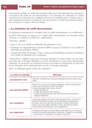 Fiche 35 Partie 2 : Gestion des opérations d’import-export152
Correctement rédigé, le crédit documentaire offre une bonne garantie des prestations
à l’acheteur (du point de vue documentaire). Si l’émission est conforme au contrat
commercial en reprenant les conditions devant être remplies par le vendeur grâce à
une énumération précise et judicieuse des documents, le crédit documentaire garan-
tit à l’acheteur le respect strict du contrat.
❏ La réalisation du crédit documentaire
La réalisation correspond à la manière dont le crédit documentaire va se déboucler :
Les RUU 600 (entrée en vigueur au 1er juillet 2007) ont introduit une nouvelle notion
« honorer » et redéﬁni la notion de « négociation ».
« Honorer » signiﬁe :
– payer à vue si le crédit est réalisable par paiement à vue ;
– contracter un engagement de paiement différé et payer à l’échéance si le crédit est
réalisable par paiement différé ;
– accepter une lettre de change (« traite ») tirée par le bénéﬁciaire et payer à l’échéance
si le crédit est réalisable par acceptation.
« Négociation » signiﬁe l’achat par la banque désignée de traites (tirées sur une ban-
que autre que la banque désignée) et/ou de documents en vertu d’une présentation
conforme, en avançant ou acceptant d’avancer les fonds au bénéﬁciaire au plus tard
le jour bancaire où le remboursement est dû à la banque désignée.
Ainsi, on distingue quatre modes de réalisation :
Le crédit est réalisable Déﬁnition
par paiement à vue
Paiement immédiat par la banque désignée contre les documents
requis.
par paiement différé
Paiement à x jours par la banque désignée contre les documents
requis, selon le délai ﬁxé dans l’accréditif.
Le point de départ des x jours est soit :
– la date de facture ;
– la date de document de transport ;
– la date de reconnaissance des documents conformes par la
banque réalisatrice.
par acceptation
La banque accepte une traite contre les documents, le tiré est la
banque émettrice et le tireur est le bénéﬁciaire (l’exportateur).
En aucun cas, le tiré doit être le donneur d’ordre (l’acheteur).
Dans le cas d’un crédit conﬁrmé, le tireur doit être la banque
conﬁrmante conformément à son engagement.
par négociation
La banque escompte une traite tirée sur elle-même ou sur la banque
émettrice contre des documents conformes. Il s’agit d’un escompte
« sauf bonne ﬁn » excepté si le crédit est conﬁrmé.
 