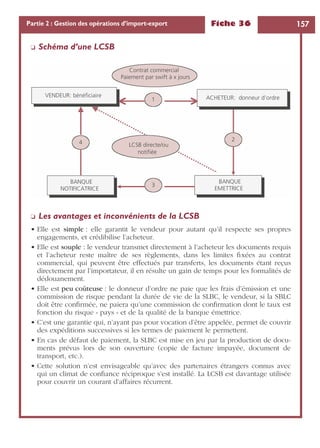 Fiche 36 157Partie 2 : Gestion des opérations d’import-export
❏ Schéma d’une LCSB
❏ Les avantages et inconvénients de la LCSB
• Elle est simple : elle garantit le vendeur pour autant qu’il respecte ses propres
engagements, et crédibilise l’acheteur.
• Elle est souple : le vendeur transmet directement à l’acheteur les documents requis
et l’acheteur reste maître de ses règlements, dans les limites ﬁxées au contrat
commercial, qui peuvent être effectués par transferts, les documents étant reçus
directement par l’importateur, il en résulte un gain de temps pour les formalités de
dédouanement.
• Elle est peu coûteuse : le donneur d’ordre ne paie que les frais d’émission et une
commission de risque pendant la durée de vie de la SLBC, le vendeur, si la SBLC
doit être conﬁrmée, ne paiera qu’une commission de conﬁrmation dont le taux est
fonction du risque « pays » et de la qualité de la banque émettrice.
• C’est une garantie qui, n’ayant pas pour vocation d’être appelée, permet de couvrir
des expéditions successives si les termes de paiement le permettent.
• En cas de défaut de paiement, la SLBC est mise en jeu par la production de docu-
ments prévus lors de son ouverture (copie de facture impayée, document de
transport, etc.).
• Cette solution n’est envisageable qu’avec des partenaires étrangers connus avec
qui un climat de conﬁance réciproque s’est installé. La LCSB est davantage utilisée
pour couvrir un courant d’affaires récurrent.
VENDEUR: bénéficiaire
BANQUE
NOTIFICATRICE
BANQUE
EMETTRICE
ACHETEUR: donneur d’ordre1
4
3
2
LCSB directe/ou
notifiée
Contrat commercial
Paiement par swift à x jours
 