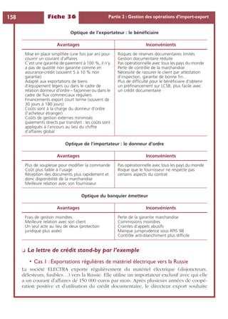 Fiche 36 Partie 2 : Gestion des opérations d’import-export158
❏ La lettre de crédit stand-by par l’exemple
• Cas 1 : Exportations régulières de matériel électrique vers la Russie
La société ELECTRA exporte régulièrement du matériel électrique (disjoncteurs,
délesteurs, fusibles…) vers la Russie. Elle utilise un importateur exclusif avec qui elle
a un courant d’affaires de 150 000 euros par mois. Après plusieurs années de coopé-
ration positive et d’utilisation du crédit documentaire, le directeur export souhaite
Optique de l’exportateur : le bénéﬁciaire
Avantages Inconvénients
Mise en place simpliﬁée (une fois par an) pour
couvrir un courant d’affaires
C’est une garantie de paiement à 100 %, il n’y
a pas de quotité non garantie comme en
assurance-crédit (souvent 5 à 10 % non
garantie)
Adapté aux exportations de biens
d’équipement légers ou dans le cadre de
relation donneur d’ordre – façonnier ou dans le
cadre de ﬂux commerciaux réguliers
Financements export court terme (souvent de
30 jours à 180 jours)
Coûts sont à la charge du donneur d’ordre
(l’acheteur étranger)
Coûts de gestion externes minimisés
(paiements directs par transfert : les coûts sont
appliqués à l’encours au lieu du chiffre
d’affaires global
Risques de réserves documentaires limités
Gestion documentaire réduite
Pas opérationnelle avec tous les pays du monde
Perte de contrôle de la marchandise
Nécessité de rassurer le client par attestation
d’inspection, garantie de bonne ﬁn…
Plus de difﬁculté pour le bénéﬁciaire d’obtenir
un préﬁnancement sur LCSB, plus facile avec
un crédit documentaire
Optique de l’importateur : le donneur d’ordre
Avantages Inconvénients
Plus de souplesse pour modiﬁer la commande
Coût plus faible à l’usage
Réception des documents plus rapidement et
donc disponibilité de la marchandise
Meilleure relation avec son fournisseur
Pas opérationnelle avec tous les pays du monde
Risque que le fournisseur ne respecte pas
certains aspects du contrat
Optique du banquier émetteur
Avantages Inconvénients
Frais de gestion moindres
Meilleure relation avec son client
Un seul acte au lieu de deux (protection
juridique plus aisée)
Perte de la garantie marchandise
Commissions moindres
Craintes d’appels abusifs
Manque jurisprudence sous RPIS 98
Contrôle anti-blanchiment plus difﬁcile
 