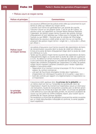 Fiche 38 Partie 2 : Gestion des opérations d’import-export170
• Polices court et moyen terme
Polices et principes Commentaires
Polices court
et moyen termes
Les assureurs différencient les polices entre celles qui concernent le court
terme et celles qui relèvent du moyen terme.
L’activité court terme est généralement une activité de marché,
l’assureur assure sur ses propres fonds. C’est le cas de Coface, un
assureur privé, qui appartient au Groupe Natixis Banque Populaire.
Cependant, les polices moyen terme couvrent des grands contrats
d’équipement et sont délivrées par Coface pour le compte de l’État
français ou par ONDD – Ducroire pour le compte de l’État belge.
Néanmoins les assureurs crédit privés se sont mis sur ce marché et
proposent des polices moyen terme « single risk », c’est-à-dire « affaire
par affaire ».
Les polices d’assurance court terme couvrent des exportations de biens
de consommation courante dont la durée de crédit est inférieure à
6 mois et la vente de biens d’équipement léger dont la durée de crédit
est inférieure à 2 ans.
Tandis que les polices moyen terme couvrent des exportations de biens
d’équipements légers ou lourds dont la durée de crédit est supérieure
à 2 ans. Au-delà d’un certain montant, l’examen des dossiers est soumis
à une commission des garanties au ministère de l’Économie qui vériﬁe le
respect des conditions d’éligibilité par l’exportateur. En effet, les polices
moyen terme imposent certaines conditions pour rendre l’opération
éligible à l’assurance-crédit :
– négociation d’un montant minimal d’acompte (15 %) à l’entrée en
vigueur du contrat commercial ;
– une part de fournitures étrangères limitée dans l’opération ;
d‘exportation (en distinguant la partie UE et la partie « pays tiers »
– licité des contrats par rapport à la réglementation à l’exportation ou
à l’importation.
Le principe
de globalité
L’assurance-crédit applique donc le principe de la globalité sur
un même client (et non sur l’ensemble du portefeuille client de
l’exportateur). À partir du moment où l’exportateur assure un client pour
une transaction, toutes les transactions suivantes avec ce dernier seront
couvertes dans les limites de la ligne de crédit. Ce principe de globalité
a été atténué au cours des dernières années, les assureurs acceptant de
couvrir qu’une partie du chiffre d’affaires export, pour autant que le
portefeuille de risques paraisse équilibré.
Les exceptions à ce principe de globalité concernent les ventes couvertes
par un crédit documentaire irrévocable et conﬁrmé, la vente payable
avant expédition.
 