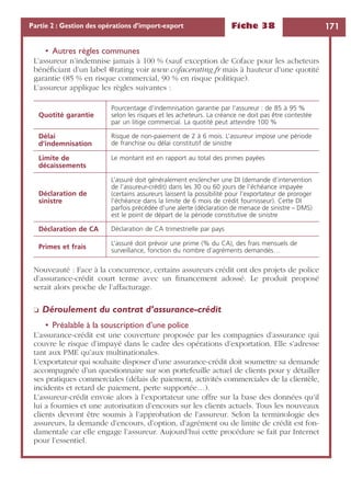 Fiche 38 171Partie 2 : Gestion des opérations d’import-export
• Autres règles communes
L’assureur n’indemnise jamais à 100 % (sauf exception de Coface pour les acheteurs
bénéﬁciant d’un label @rating voir www.cofacerating.fr mais à hauteur d’une quotité
garantie (85 % en risque commercial, 90 % en risque politique).
L’assureur applique les règles suivantes :
Nouveauté : Face à la concurrence, certains assureurs crédit ont des projets de police
d’assurance-crédit court terme avec un ﬁnancement adossé. Le produit proposé
serait alors proche de l’affacturage.
❏ Déroulement du contrat d’assurance-crédit
• Préalable à la souscription d’une police
L’assurance-crédit est une couverture proposée par les compagnies d’assurance qui
couvre le risque d’impayé dans le cadre des opérations d’exportation. Elle s’adresse
tant aux PME qu’aux multinationales.
L’exportateur qui souhaite disposer d’une assurance-crédit doit soumettre sa demande
accompagnée d’un questionnaire sur son portefeuille actuel de clients pour y détailler
ses pratiques commerciales (délais de paiement, activités commerciales de la clientèle,
incidents et retard de paiement, perte supportée…).
L’assureur-crédit envoie alors à l’exportateur une offre sur la base des données qu’il
lui a fournies et une autorisation d’encours sur les clients actuels. Tous les nouveaux
clients devront être soumis à l’approbation de l’assureur. Selon la terminologie des
assureurs, la demande d’encours, d’option, d’agrément ou de limite de crédit est fon-
damentale car elle engage l’assureur. Aujourd’hui cette procédure se fait par Internet
pour l’essentiel.
Quotité garantie
Pourcentage d’indemnisation garantie par l’assureur : de 85 à 95 %
selon les risques et les acheteurs. La créance ne doit pas être contestée
par un litige commercial. La quotité peut atteindre 100 %
Délai
d’indemnisation
Risque de non-paiement de 2 à 6 mois. L’assureur impose une période
de franchise ou délai constitutif de sinistre
Limite de
décaissements
Le montant est en rapport au total des primes payées
Déclaration de
sinistre
L’assuré doit généralement enclencher une DI (demande d’intervention
de l’assureur-crédit) dans les 30 ou 60 jours de l’échéance impayée
(certains assureurs laissent la possibilité pour l’exportateur de proroger
l’échéance dans la limite de 6 mois de crédit fournisseur). Cette DI
parfois précédée d’une alerte (déclaration de menace de sinistre – DMS)
est le point de départ de la période constitutive de sinistre
Déclaration de CA Déclaration de CA trimestrielle par pays
Primes et frais
L’assuré doit prévoir une prime (% du CA), des frais mensuels de
surveillance, fonction du nombre d’agréments demandés…
 