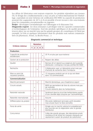 Fiche 3 Partie 1 : Mercatique internationale et négociation14
Les délais de fabrication sont toujours respectés, les produits répondent aux normes
UE, le design des conditionnements a reçu un prix au Salon International de l’Embal-
lage, cependant on note l’absence de certiﬁcation ISO 9000. La capacité de production
pourrait être augmentée de 20 % et il est possible d’avoir recours à des sous-traitants
pour les commandes exceptionnelles ou urgentes.
Projet : développer l’aromathérapie sur l’Allemagne et le Royaume Uni.
Diagnostic export : les deux domaines à privilégier sont les capacités commerciales
et technologiques de l’entreprise. Seul des produits spéciﬁques et de qualité peuvent
trouver place sur un marché tenu par les grands groupes de cosmétiques (L’Oréal par
exemple, la GSA et quelques laboratoires dont les produits sont surtout commercia-
lisés en pharmacie, Avène, La Roche-Posay…).
Diagnostic commercial et technique
Critères retenus
Notation
Commentaires
1 2 3 4 5
Production
Capacité de production
excédentaire
+
20 % et plus par sous-traitance
Gestion de la production + Respect des délais
Qualité
+
Normes UE et répond aux exigences de la grande
distribution. L’entreprise n’est pas certiﬁée ISO 9000
Recherche
+
Collaboration avec un laboratoire privé mais pas
d’activité de recherche dans l’entreprise
Mise au point de
nouveaux produits
+
15 nouveaux produits par an ce qui est élevé
dont 1/3 commercialisés
Commercialisation
Marché permanent + Marché domestique, pas d’expérience export
Circuits actuels
+
MDD qui permettent de faire du volume mais pas
de notoriété
Circuits restreints dans les herboristeries
Notoriété nationale
+
Seulement dans le circuit des herboristeries auprès
d’une clientèle déjà conquise par l’aromathérapie
Notoriété internationale + Aucune
Différenciation du produit
+
Elle existe réellement (principes actifs brevetés)
mais encore faut-il la faire connaître.
Force de vente
+
Dirigée vers le marché national et probablement
plus tournée vers la négociation avec la grande
distribution
Concurrence
+
Celles des grands groupes, des laboratoires privés
nombreux et de toutes les marques classiques qui
représentent autant de produits de substitution
 