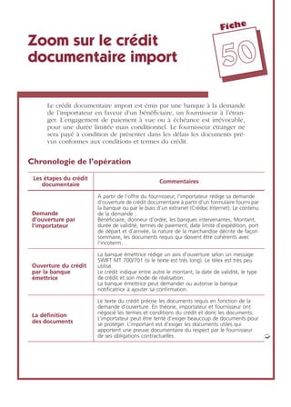 Fiche
5500
Zoom sur le crédit
documentaire import
Le crédit documentaire import est émis par une banque à la demande
de l’importateur en faveur d’un bénéﬁciaire, un fournisseur à l’étran-
ger. L’engagement de paiement à vue ou à échéance est irrévocable,
pour une durée limitée mais conditionnel. Le fournisseur étranger ne
sera payé à condition de présenter dans les délais les documents pré-
vus conformes aux conditions et termes du crédit.
Chronologie de l’opération
Les étapes du crédit
documentaire
Commentaires
Demande
d’ouverture par
l’importateur
À partir de l’offre du fournisseur, l’importateur rédige sa demande
d’ouverture de crédit documentaire à partir d’un formulaire fourni par
la banque ou par le biais d’un extranet (Crédoc Internet). Le contenu
de la demande :
Bénéﬁciaire, donneur d’ordre, les banques intervenantes, Montant,
durée de validité, termes de paiement, date limite d’expédition, port
de départ et d’arrivée, la nature de la marchandise décrite de façon
sommaire, les documents requis qui doivent être cohérents avec
l’incoterm…
Ouverture du crédit
par la banque
émettrice
La banque émettrice rédige un avis d’ouverture selon un message
SWIFT MT 700/701 (si le texte est très long). Le télex est très peu
utilisé.
Le crédit indique entre autre le montant, la date de validité, le type
de crédit et son mode de réalisation.
La banque émettrice peut demander ou autorise la banque
notiﬁcatrice à ajouter sa conﬁrmation.
La déﬁnition
des documents
Le texte du crédit précise les documents requis en fonction de la
demande d’ouverture. En théorie, importateur et fournisseur ont
négocié les termes et conditions du crédit et donc les documents.
L’importateur peut être tenté d’exiger beaucoup de documents pour
se protéger. L’important est d’exiger les documents utiles qui
apportent une preuve documentaire du respect par le fournisseur
de ses obligations contractuelles. ➭
 