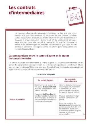 Fiche
5544
Les contrats
d’intermédiaires
La commercialisation des produits à l’étranger se fait soit par vente
directe, soit par l’intermédiaire de structures locales (ﬁliales commer-
ciales, succursales, bureaux de représentation) ou par l’intermédiaire
d’agents et d’importateurs ➤ ﬁches 56 et 57. La solution est fréquem-
ment retenue dans une première approche du marché étranger et
même si la terminologie est variable, on ne relève que deux statuts
juridiques auxquels l’entreprise devra se référer pour la rédaction du
contrat d’intermédiaire.
La comparaison entre le statut d’agent et le statut
du concessionnaire
On utilise souvent indifféremment le terme d’agent ou d’agence commerciale ou le
terme de représentant commissionné ou le terme d’importateur distributeur. Dans
tous les cas, ces intermédiaires ne sont pas des salariés de l’entreprise exportatrice et
agissent dans le cadre de deux statuts très différents.
Les statuts comparés
Le statut d’agent
Le statut de
concessionnaire
Statut et mission
Statut harmonisé au sein de
l’UE par la directive 86/653
de 1986, transposée en droit
français en 1991.
L’agent est indépendant et
agit dans le cadre d’un contrat
de mandat pour le compte de
son mandant (ou commettant).
Il n’est pas commerçant.
Absence de statut harmonisé,
mais respect des règlements
d’exemption UE sur la
distribution exclusive et sur
les accords d’achat exclusif.
Chaque contrat est rédigé
dans un cadre qui lui est
propre.
L’agent a un statut de
commerçant. Il agit pour son
propre compte et en son nom.
Le contrat de distribution
(concession) encadre un grand
nombre d’opérations
commerciales. ➭
 
