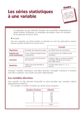 Fiche
6688
Les séries statistiques
à une variable
La statistique est une méthode d’analyse des ensembles comportant un
grand nombre d’éléments. La statistique descriptive classe les données
et les présente de façon claire.
◆ Exemple
Soit une entreprise qui désire étudier sa clientèle (ce sont des particuliers), notam-
ment le nombre d’enfants de chacun d’eux :
Certaines variables statistiques sont dites discrètes (exemple ci-dessus) et d’autres
sont dites continues. Leur étude sera faite distinctement.
Les variables discrètes
Une variable est dite discrète lorsqu’elle ne peut prendre que certaines valeurs
(généralement entières).
Par exemple, le nombre d’enfants des clients d’une entreprise :
Exemple
Population Ensemble des éléments étudiés Les 2000 clients de l’entreprise
Individu (ou
unité statistique)
C’est un élément observé dans
la population
Un client parmi les 2 000 de cette
entreprise
Caractère
C’est un critère de classement
des individus
L’emploi, l’âge, la situation familiale,
le nombre d’enfants, les revenus, …
des 2 000 clients
Modalités
Valeurs que peut prendre le
caractère
Un client peut avoir 0, 1, 2, 3, …
enfants
Nombre d’enfants Effectifs
0
1
2
3
4
5
120
775
750
225
80
30
2 000
 