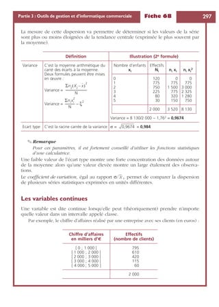 Fiche 68 297Partie 3 : Outils de gestion et d’informatique commerciale
La mesure de cette dispersion va permettre de déterminer si les valeurs de la série
sont plus ou moins éloignées de la tendance centrale (exprimée le plus souvent par
la moyenne).
✎ Remarque
Pour ces paramètres, il est fortement conseillé d’utiliser les fonctions statistiques
d’une calculatrice.
Une faible valeur de l’écart type montre une forte concentration des données autour
de la moyenne alors qu’une valeur élevée montre un large étalement des observa-
tions.
Le coefﬁcient de variation, égal au rapport σ/ , permet de comparer la dispersion
de plusieurs séries statistiques exprimées en unités différentes.
Les variables continues
Une variable est dite continue lorsqu’elle peut (théoriquement) prendre n’importe
quelle valeur dans un intervalle appelé classe.
Par exemple, le chiffre d’affaires réalisé par une entreprise avec ses clients (en euros) :
Déﬁnition Illustration (2e formule)
Variance C’est la moyenne arithmétique du
carré des écarts à la moyenne.
Deux formules peuvent être mises
en œuvre :
Variance =
Variance =
Nombre d’enfants
xi
Effectifs
Ni ni xi ni xi
2
0
1
2
3
4
5
120
775
750
225
80
30
0
775
1 500
775
320
150
0
775
3 000
2 325
1 280
750
2 000 3 520 8 130
Variance = 8 130/2 000 – 1,762 = 0,9674
Ecart type C’est la racine carrée de la variance σ = = 0,984
Chiffre d’affaires
en milliers d’€
Effectifs
(nombre de clients)
[ 0 ; 1 000 [
[ 1 000 ; 2 000 [
[ 2 000 ; 3 000 [
[ 3 000 ; 4 000 [
[ 4 000 ; 5 000 ]
795
610
420
115
60
2 000
Σni Xi x–( )
2
N
----------------------------
Σnixi
2
N
------------- ξ
2
–
0,9674
x
 
