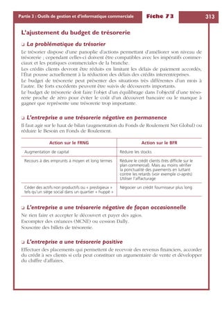 Fiche 73 313Partie 3 : Outils de gestion et d’informatique commerciale
L’ajustement du budget de trésorerie
❏ La problématique du trésorier
Le trésorier dispose d’une panoplie d’actions permettant d’améliorer son niveau de
trésorerie ; cependant celles-ci doivent être compatibles avec les impératifs commer-
ciaux et les pratiques commerciales de la branche.
Les crédits clients devront être réduits en limitant les délais de paiement accordés,
l’État pousse actuellement à la réduction des délais des crédits interentreprises.
Le budget de trésorerie peut présenter des situations très différentes d’un mois à
l’autre. De forts excédents peuvent être suivis de découverts importants.
Le budget de trésorerie doit faire l’objet d’un équilibrage dans l’objectif d’une tréso-
rerie proche de zéro pour éviter le coût d’un découvert bancaire ou le manque à
gagner que représente une trésorerie trop importante.
❏ L’entreprise a une trésorerie négative en permanence
Il faut agir sur le haut de bilan (augmentation du Fonds de Roulement Net Global) ou
réduire le Besoin en Fonds de Roulement.
❏ L’entreprise a une trésorerie négative de façon occasionnelle
Ne rien faire et accepter le découvert et payer des agios.
Escompter des créances (MCNE) ou cession Dally.
Souscrire des billets de trésorerie.
❏ L’entreprise a une trésorerie positive
Effectuer des placements qui permettent de recevoir des revenus ﬁnanciers, accorder
du crédit à ses clients si cela peut constituer un argumentaire de vente et développer
du chiffre d’affaires.
Action sur le FRNG Action sur le BFR
Augmentation de capital Réduire les stocks
Recours à des emprunts à moyen et long termes Réduire le crédit clients (très difﬁcile sur le
plan commercial). Mais au moins vériﬁer
la ponctualité des paiements en luttant
contre les retards (voir exemple ci-après)
Utiliser l’affacturage
Céder des actifs non productifs ou « prestigieux »
tels qu’un siège social dans un quartier « huppé »
Négocier un crédit fournisseur plus long
 