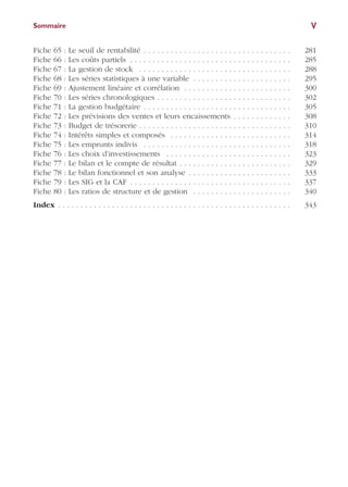 VSommaire
Fiche 65 : Le seuil de rentabilité . . . . . . . . . . . . . . . . . . . . . . . . . . . . . . . . . 281
Fiche 66 : Les coûts partiels . . . . . . . . . . . . . . . . . . . . . . . . . . . . . . . . . . . . 285
Fiche 67 : La gestion de stock . . . . . . . . . . . . . . . . . . . . . . . . . . . . . . . . . . 288
Fiche 68 : Les séries statistiques à une variable . . . . . . . . . . . . . . . . . . . . . . 295
Fiche 69 : Ajustement linéaire et corrélation . . . . . . . . . . . . . . . . . . . . . . . . 300
Fiche 70 : Les séries chronologiques . . . . . . . . . . . . . . . . . . . . . . . . . . . . . . 302
Fiche 71 : La gestion budgétaire . . . . . . . . . . . . . . . . . . . . . . . . . . . . . . . . . 305
Fiche 72 : Les prévisions des ventes et leurs encaissements . . . . . . . . . . . . . 308
Fiche 73 : Budget de trésorerie . . . . . . . . . . . . . . . . . . . . . . . . . . . . . . . . . . 310
Fiche 74 : Intérêts simples et composés . . . . . . . . . . . . . . . . . . . . . . . . . . . 314
Fiche 75 : Les emprunts indivis . . . . . . . . . . . . . . . . . . . . . . . . . . . . . . . . . 318
Fiche 76 : Les choix d’investissements . . . . . . . . . . . . . . . . . . . . . . . . . . . . 323
Fiche 77 : Le bilan et le compte de résultat . . . . . . . . . . . . . . . . . . . . . . . . . 329
Fiche 78 : Le bilan fonctionnel et son analyse . . . . . . . . . . . . . . . . . . . . . . . 333
Fiche 79 : Les SIG et la CAF . . . . . . . . . . . . . . . . . . . . . . . . . . . . . . . . . . . . 337
Fiche 80 : Les ratios de structure et de gestion . . . . . . . . . . . . . . . . . . . . . . 340
Index . . . . . . . . . . . . . . . . . . . . . . . . . . . . . . . . . . . . . . . . . . . . . . . . . . . . 343
 